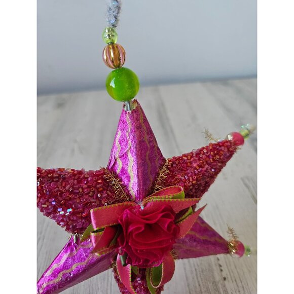 Sequin star beaded ribbon ornament pink Xmas tree green very unique well made - Picture 4 of 9